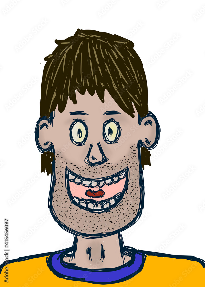 Obraz premium Portrait of the head of a hand-drawn cartoon hairy and shaved man. Stupid, weird, and funny look. Hand-drawn illustration.