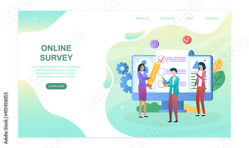 Male and female characters are passing online survey on computer. Concept of statistical software to provide analytics. Website  web page  landing page template. Flat cartoon vector illustration