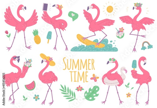 Pink flamingos summer set with with ice cream, on surfboard and wearing sunglasses. African birds cartoon flat illustration.