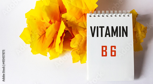 The word vitamin B6 is written on a notebook on a white background photo