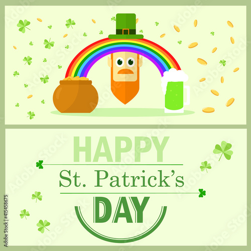 Two greeting card Happy St. Patrick's Day. Leprechaun, pot, rainbow, green ale, gold coins nad clover leaf. Isolated.