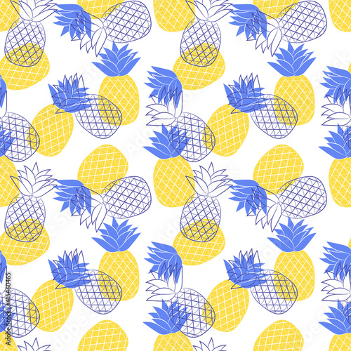 Seamless pattern with pineapples. Simple blue-yellow summer pattern with tropical fruit. Flat elements. Transparent background. For the design of clothing and food packaging.