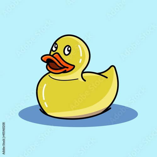 cute light yellow rubber duck on blue background, vector illustration