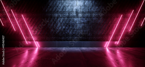 Fototapeta Naklejka Na Ścianę i Meble -  Neon Sci Fi Tron Cyber Garage Tunnel Glowing Purple Blue Laser Electric Fluorescent Lines On Stone Medieval Textured Cement Wall Concrete Glossy Grunge Dark 3D Rendering