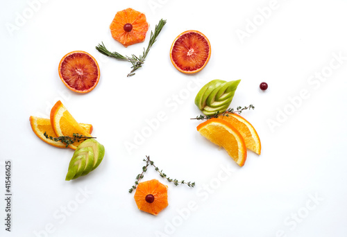 Fototapeta Naklejka Na Ścianę i Meble -  Fresh raw fruits in a designer style. Healthy food concept and grocery background top view