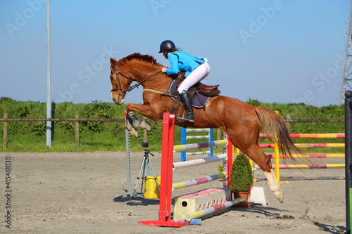 Woman and chestnut horse jumping a fence