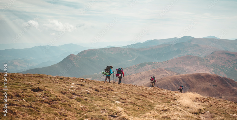 A group of tourists are walking along the route through the mountains of Ukraine. Success concept. Climbing Hoverla