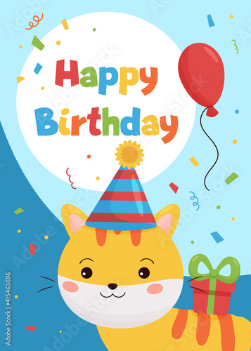 Cute cartoon pet on Birthday greeting card for children. Kawaii cat with gift and balloon. Ideal for printing on posters and invitations.