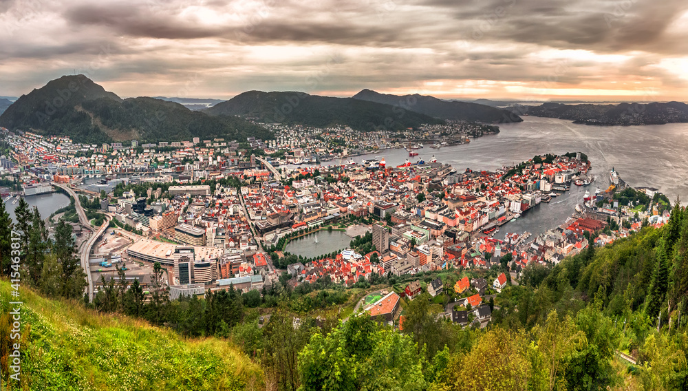 View on Bergen and harbor from the mountain Floyen top. Norway.
