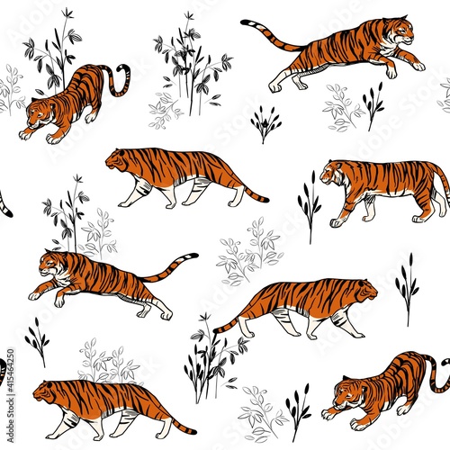 Semless pattern. Tiger jump  walking. Set of hand drawn vector skech. Outline illustration. 