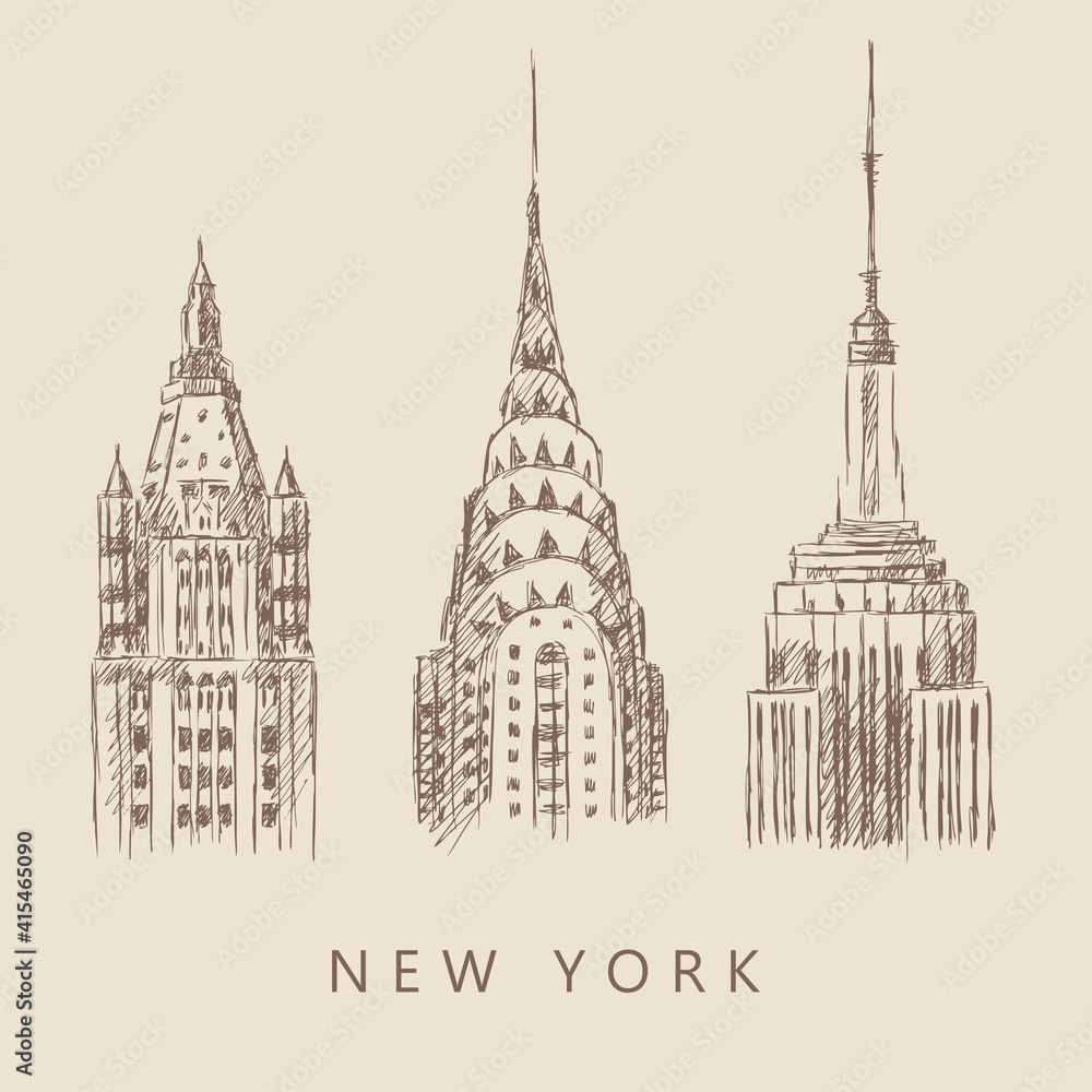 Three sketches of famous skyscrapers in New York, USA. Woolworth building, Empire State building, Chrysler building. Vintage beige card, hand-drawn, vector. Cityscape view.