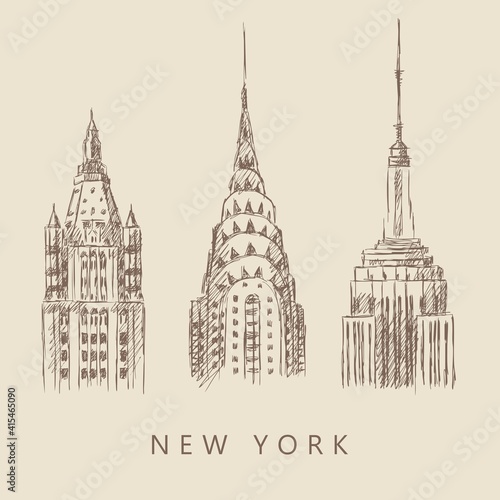 Three sketches of famous skyscrapers in New York  USA. Woolworth building  Empire State building  Chrysler building. Vintage beige card  hand-drawn  vector. Cityscape view.