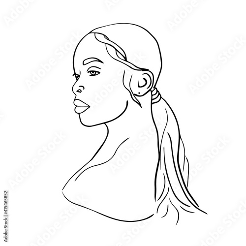 Abstract woman face one line drawing. Portrait minimalistic style. Modern abstract face black line on white isolated. Minimalism concept of african women face, long hear. Face line art drawing style