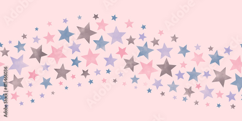 Seamless pastel watercolor background texture. Pastel color stars. Painted illustration. Template for design. Wave pattern for wrapping paper. Retro. Pink background. 