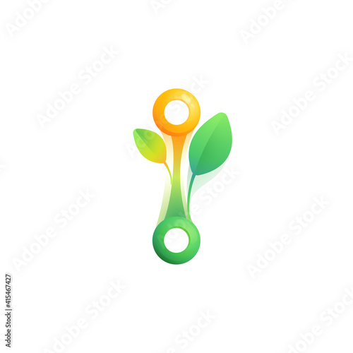 Letter I eco logo with colorful spheres or dots and connecting lines.