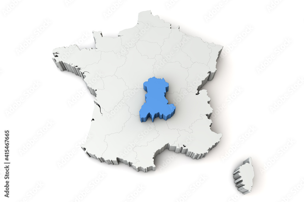 Map of France showing Avergne region. 3D Rendering