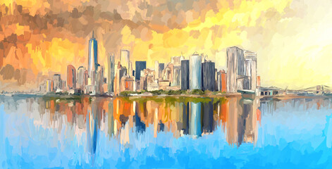 Fotobehang Aquarelschilderij wolkenkrabber  New York skyline in abstracte olieverf  © microstock77
