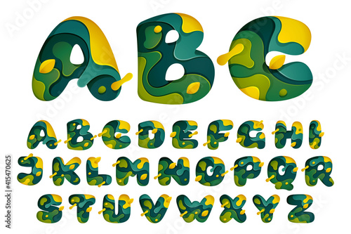 Paper cut alphabet and number set. Layer carving style effect logos.