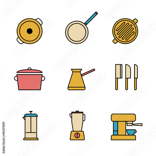 Set of Simple colored restaurant utensils, utensils for food preparation icon in trendy line style isolated on white background for web apps and mobile concept. Vector Illustration