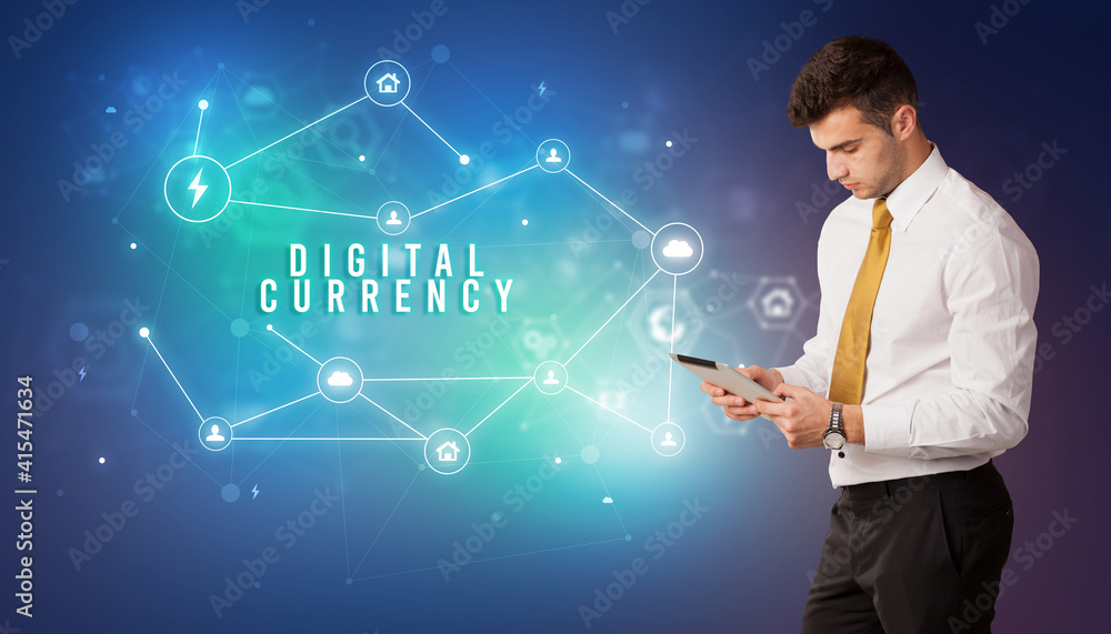 Businessman in front of cloud service icons with DIGITAL CURRENCY inscription, modern technology concept Businessman in front of cloud service icons with DIGITAL CURRENCY inscription, modern technology concept