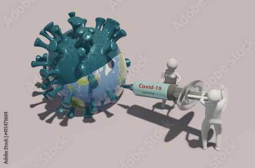 Illustration 3d, two people, a woman and a man placing the covid-19 vaccine on planet earth