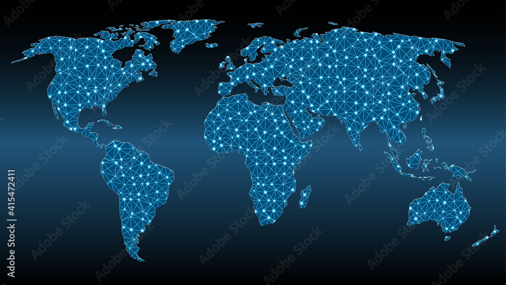 World map with triangular mesh and glowing dots