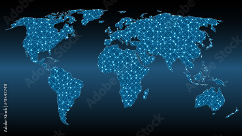 World map with triangular mesh and glowing dots