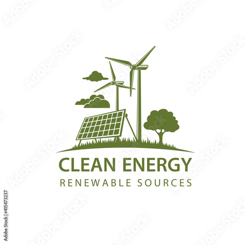 renewable energy icon with wind turbine and solar panel isolated on white background