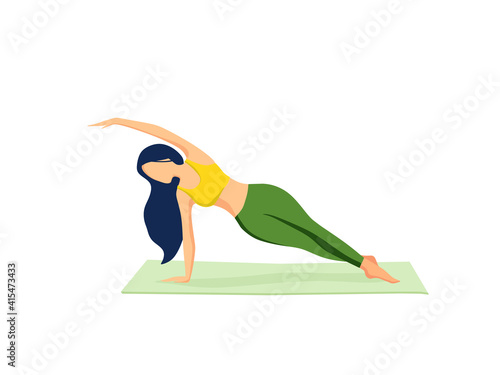 A girl practices yoga exercises on a mat at home. Vector illustration. Sports activity, exercise, fitness, meditation, lifestyle, stay-at-home concept, workout.
