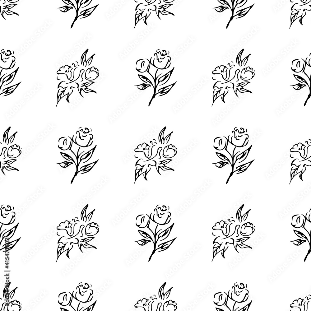 Doodle simple vector seamless pattern of hand-drawn peonies. Seamless random pattern of hand-drawn peonies. Isolated on white background. Doodle simple vector seamless pattern of hand-drawn peonies. Seamless random pattern of hand-drawn peonies. Isolated on white background.