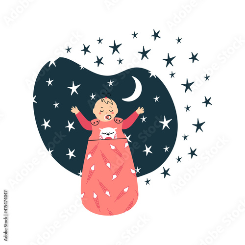 Baby girl sleeping with the nipple in a cute cozy sleeping bag surrounded by stars on a dark and white background. Vector hand drawn character illustration