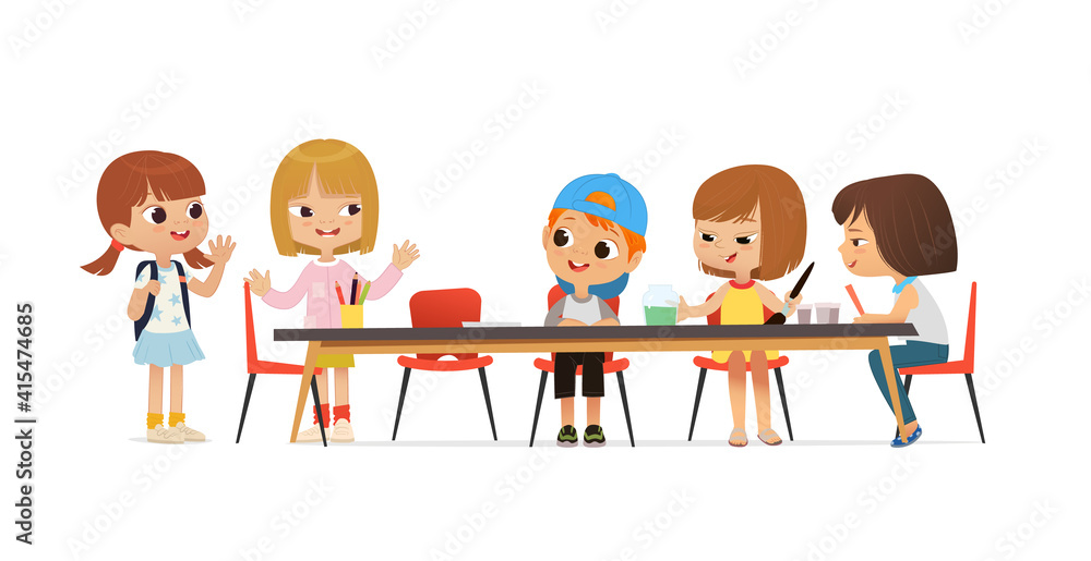 New pupil greeting classmates sitting at table. Boys and Girls draw picture with watercolor and pencils. Drawing activity in the art class. Boy and Girl Draw Pictures with paints and pencils New pupil greeting classmates sitting at table. Boys and Girls draw picture with watercolor and pencils. Drawing activity in the art class. Boy and Girl Draw Pictures with paints and pencils