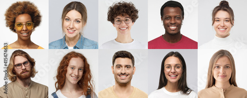 Collage of portraits and faces of multiracial millennial group of various smiling young people, good use for userpic and profile picture. Diversity concept
