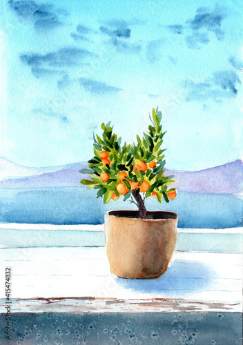 Watercolor illustration of a mandarin tree in a brown pot on a white wooden table in front of the bright seaside