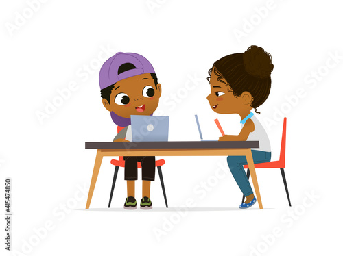 Happy African American children sitting at laptops and learning programming during school lesson. Coding for kids concept. Vector illustration for website, advertisement, poster.