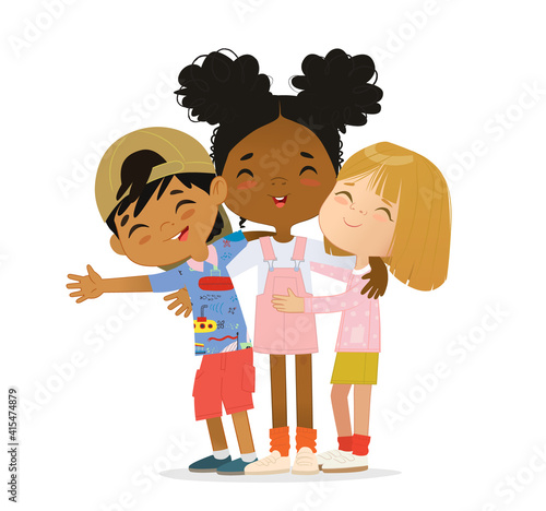 Happy multi ethnic multi aged kids hug each other.
