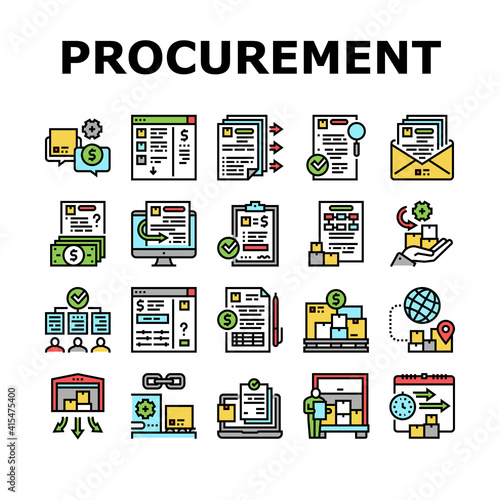 Procurement Process Collection Icons Set Vector. Procurement Warehouse And Contract, Purchase Requisition And Budget Approval Concept Linear Pictograms. Contour Color Illustrations