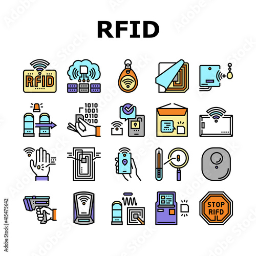 Rfid Chip Technology Collection Icons Set Vector. Security Card And Trinket, Development And Programming Rfid Radio Frequency Identification Concept Linear Pictograms. Contour Color Illustrations