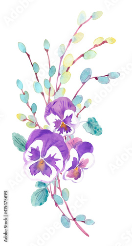 Watercolor clipart with Easter pansy flowers and blossoming pussy willow branches.