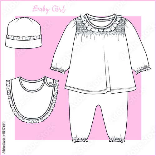 Baby girl clothing design. Baby wear flat sketch. vector illustration.