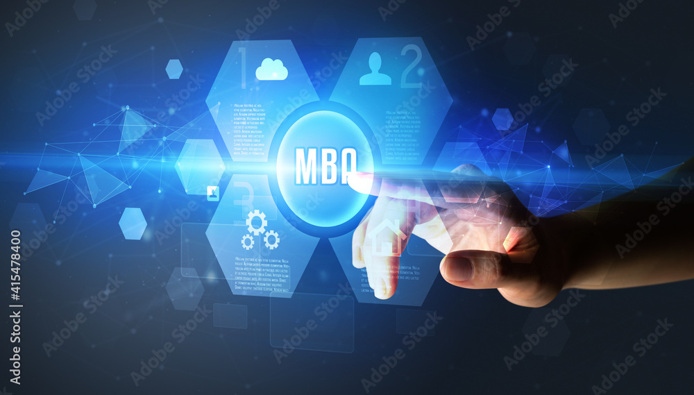 Hand touching MBA inscription, new technology concept Hand touching MBA inscription, new technology concept