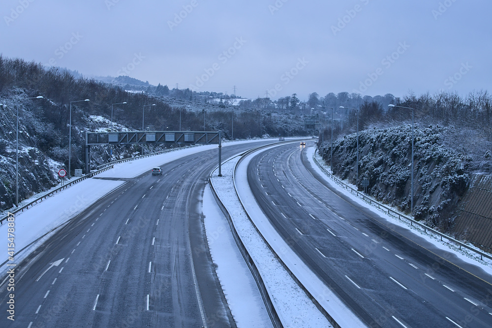 Very rare view of empty winter motorway M50 Dublin, Ireland. Transportation during Level 5 restrictions in Dublin. Irish winter weather. Winter highway Very rare view of empty winter motorway M50 Dublin, Ireland. Transportation during Level 5 restrictions in Dublin. Irish winter weather. Winter highway