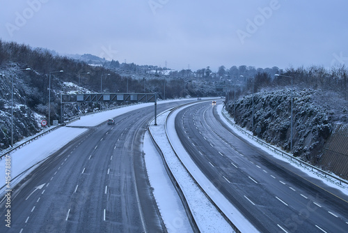 Very rare view of empty winter motorway M50 Dublin, Ireland. Transportation during Level 5 restrictions in Dublin. Irish winter weather. Winter highway