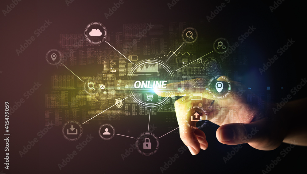 Hand touching ONLINE inscription, Cybersecurity concept Hand touching ONLINE inscription, Cybersecurity concept