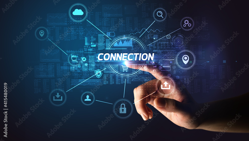 Hand touching CONNECTION inscription, Cybersecurity concept Hand touching CONNECTION inscription, Cybersecurity concept