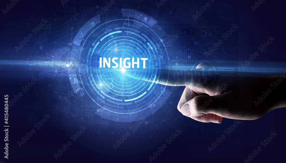 Hand touching INSIGHT button, modern business technology concept Hand touching INSIGHT button, modern business technology concept