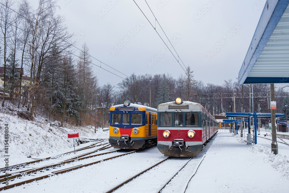 Trains  zakopane - krakow . Zakopane ski wintre resort - obrazy, fototapety, plakaty 