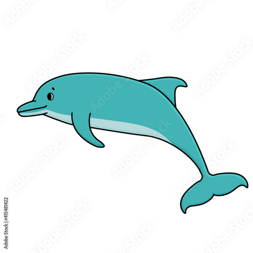 Vector cartoon blue outline illustration of a funny dolphin. Doodle Animal is isolated on white background.