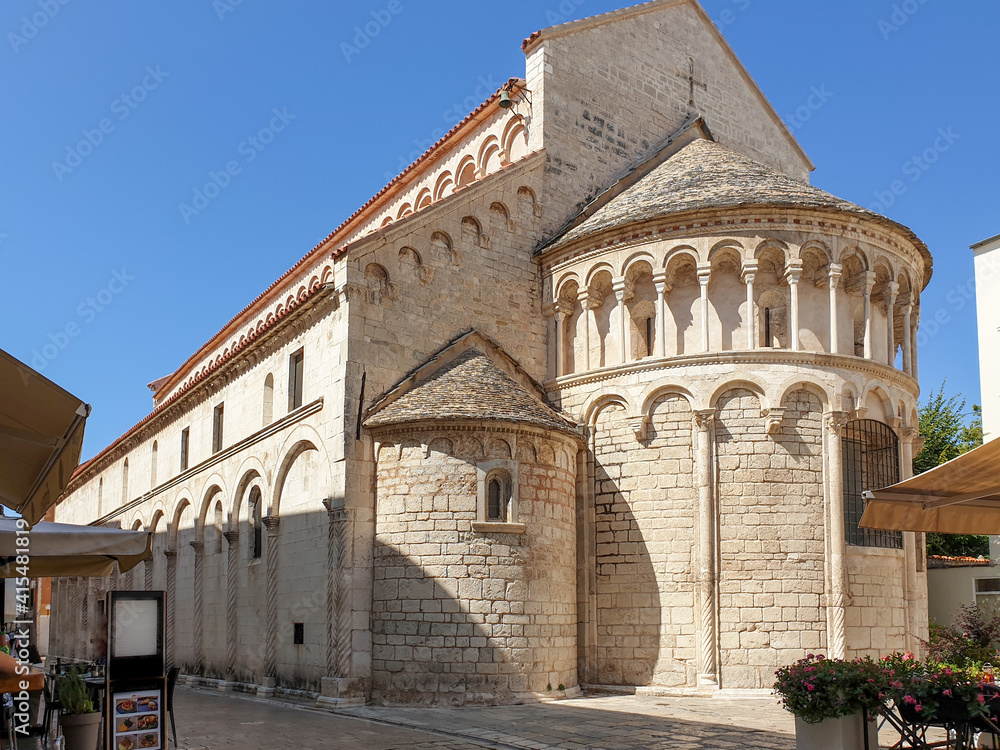 St. Chrysogonus Church (Crkva sv. Krševana), south-east facade, in old town of Zadar in sunny day. Roman Catholic church named after Saint Chrysogonus, the patron saint of city