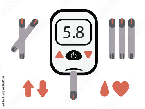 Electronic glucometer set for self-determination of blood glucose levels. Flat glucometer, standard test strips, drop of blood, heart, arrows. Diagnostic medical testing tool for people with diabetes.